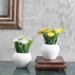 Foliyaj Yellow & White Plastic Artificial Mini Gerbera Plant With Thin Long Leaves - Set of 2-2