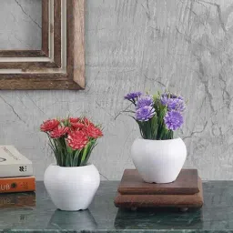 Foliyaj Red & Purple Plastic Artificial Mini Gerbera Plant With Thin Long Leaves - Set of 2-21