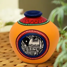 ExclusiveLane 6 Inch Terracotta Handpainted Yellow Matki Shaped Vase In Yellow-image-58