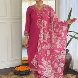 PEENGAX Women Floral Yoke Design Regular Thread Work Kurta with Trousers & Dupatta-15