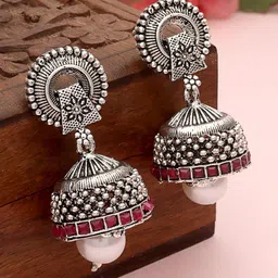 PANASH Silver-Plated Dome Shaped Pearls & Stone Studded Oxidised Jhumkas-image-80