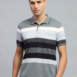 Monte Carlo Grey Regular Fit Striped Polo T-Shirt-image-43