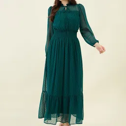 aayu Women Solid Puff Sleeve Georgette Fit & Flare Maxi Dress With Elasticated Waist-image-19
