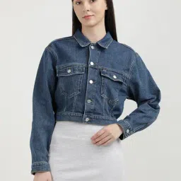 TOMMY HILFIGER Blue Embroidered Cropped Jacket-image-7