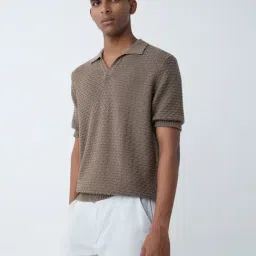 ETA by Westside Brown Knit-Textured Relaxed-Fit Cotton Polo T-Shirt-picture-17