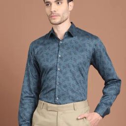 Indian Needle Blue Satin Regular Fit Printed Shirt-image-50