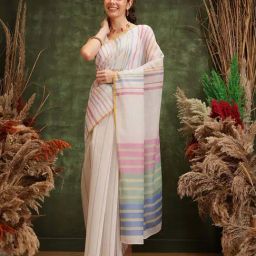 Silk Land Off White Striped Saree-image-3