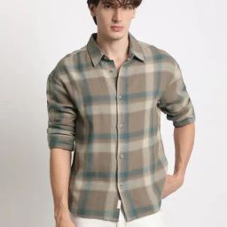 The Bear House Brown Cotton Relaxed Fit Checks Shirt-image-25