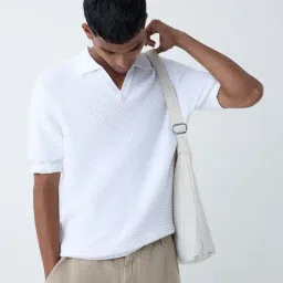 ETA by Westside White Knit-Textured Relaxed-Fit Cotton Polo T-Shirt-picture-30