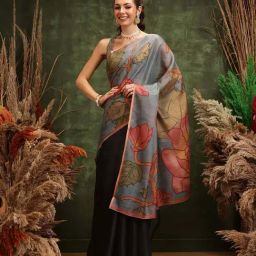 Silk Land Black & Grey Floral Printed Saree-picture-0