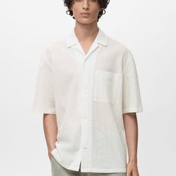 MANGO MAN Pinstriped Crinkle Effect Cuban Collar Casual Shirt-image-5