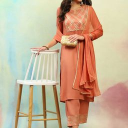 Khushal K Women Ethnic Motifs Embroidered Regular Gotta Patti Kurta with Palazzos & With Dupatta-image-86