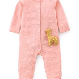 Babyhug Cotton Knit Footed Sleepsuit With Polka Dots Print & Giraffe Applique - Pink-image-52