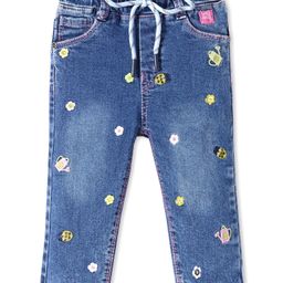 Olio Kids Denim Full Length Jeans with Floral and Bees Embroidery Detailing - Light Blue-image-4