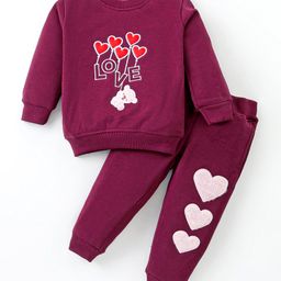 Little Darlings Fleece Knit Full Sleeves Winter Wear Sweatshirt & Joggers Set with Heart Patch & Embroidery - Wine-image-25