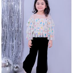 lil' drama Lil Drama Three Fourth Sleeves Butterfly Shimmer Printed Top & Palazzo Set - White & Black-picture-32