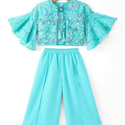 Babyhug Woven Sequinned Top with Palazo & Net Embroidered Bell Sleeves Shrug Set - Aqua-image-80