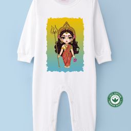 BLUSHES Durga Puja Theme 100% Cotton Full Sleeves Durga Maa Printed Romper - White-picture-17