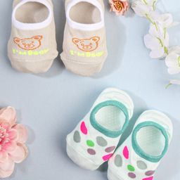 KIDLINGSS Pack Of 2 Bear & Pebbles Printed Loafer Socks - Green & Beige-image-86