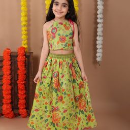 Kinder Kids Cotton Sleeveless Floral Printed Lehenga Choli Set - Green-image-51