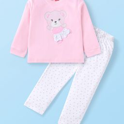 Babyhug Terry Knit Full Sleeves Top & Leggings Set with Bear Print - Pink & White-image-34