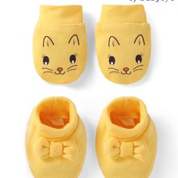 Babyoye Eco Conscious 100% Cotton KnitMittens & Booties with Kitty Print & Bow Applique - Yellow-image-28