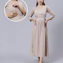 Dummy Shape Three Fourth Sleeves Maternity Flared Kurta With Nursing Access & Abstract Embroidered Attached Belt - Light Brown-picture-22