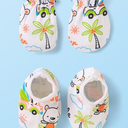 Babyhug 100% Cotton Knit Mittens & Booties With Animal Print - White-image-90