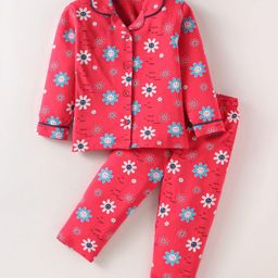 Doreme Single Jersey Knit Full Sleeves Night Suit With Floral Print - Dark Pink-picture-12