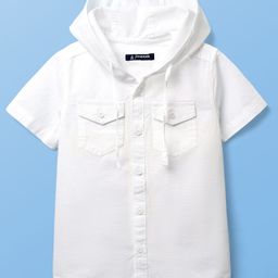 Pine Kids Cotton Woven Half Sleeves Solid Colour Hooded Shirt - White-picture-22