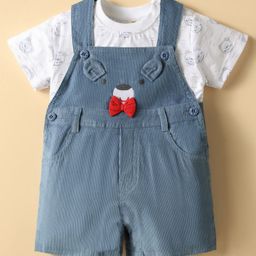 ToffyHouse Cotton Knit Half Sleeves T-Shirt & Dungaree with Bear Print & Applique - White & Blue-picture-45