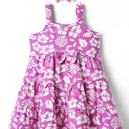 Babyhug Single Jersey Knit Sleeveless Floral Printed Frock with Headband & Bow Applique - Plum-image-100