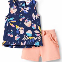 Babyhug Single Jersey Knit Sleeveless T-Shirt & Shorts Set with Tropical Theme Print - Navy Blue & Pink-image-76