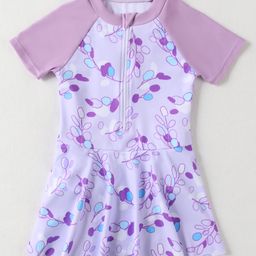Mark & Mia Raglan Half Sleeves Frock Swimsuit With Leaves Print - Lavender-picture-19
