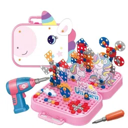 Happy Hues Unicorn DIY Electric Drill Screw Tool Set-Mosaic Puzzle 228pcs- 3D STEM Educational kit for Kids Construction and Building Block Kit-picture-22