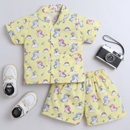 The Magic Wand Cotton Woven Half Sleeves Unicorn Printed Shirt & Coordinating Shorts Set - Yellow-image-95