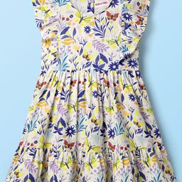 Kookie Kids Woven Sleeveless Frock With Frill On Shoulders & Floral Print - White-image-25
