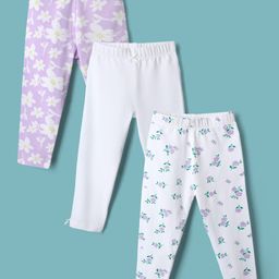Kookie Kids Cotton Spandex Knit Full Length Solid & Floral Printed Leggings Pack of 3 - White & Lavender-image-75