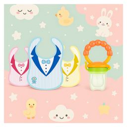 KIDS BASIC Premium Silicone Fruit Rattle Nibbler & 3 Snap Button Tie Printed Bibs - Orange & Multicolor (Pack of 2)-24