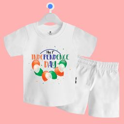 The Peppy Tend 100% Cotton Knit Independence Theme Half Sleeves My 1st Independence Day Text Printed Tee & Shorts Set - White-image-80