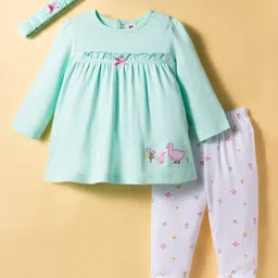 ToffyHouse 100% Cotton Knit Full Sleeves Top & Leggings Set with Headband Floral Print & Duck Embroidery - Mint-picture-23