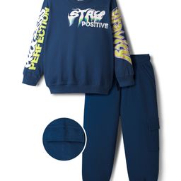 OLLINGTON ST. Cotton Full Sleeves Stay Positive Text Printed Sweatshirts & Joggers - Navy Blue-picture-36