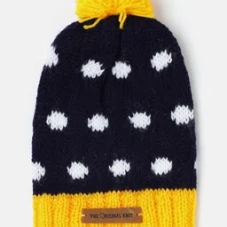 The Original Knit Knit Self Designed Pom Pom Embellished Cap - Navy Blue & Yellow- 36 cm-picture-4