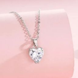 Estailo fashion Silver Plated Cubic Zirconia Studded Heart Shaped Pendant With Chain-image-84