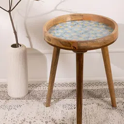 THREADVIBE LIVING Blue & Brown Sunflower Printed Mango Wood Round Shape End Table-image-77