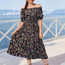 YK Girls Floral Printed Off-Shoulder Fit & Flare Midi Dress-picture-4