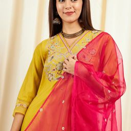 Sangria Floral Embroidered Sequinned Pure Silk Straight Kurta With Trouser & Dupatta-image-54