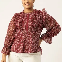 Antheaa Curve Plus Size Ethnic Motifs Printed Ruffles Chiffon A-Line Top-image-28