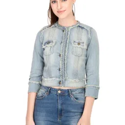 Kotty Light Blue Mandarin Collar Denim Jacket-picture-22