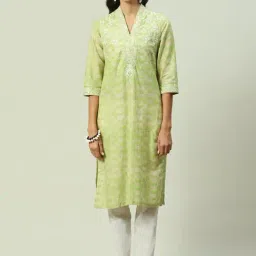 Biba Green Cotton Embroidered Straight Kurta-picture-46